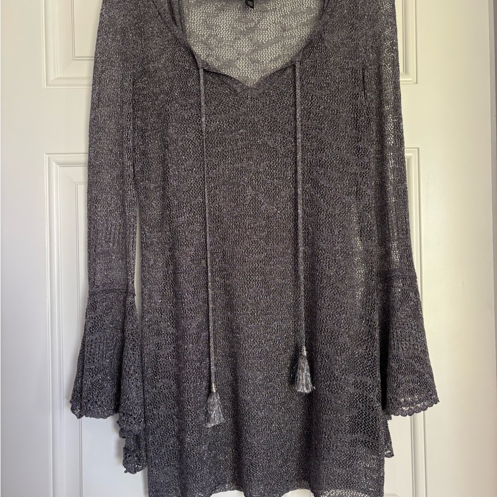 White House Black Market Gray Relaxed Tunic with Tie Front